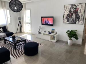 uma sala de estar com um sofá e uma televisão em Apparemment de luxe em Hammamet