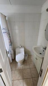 La salle de bains blanche est pourvue de toilettes et d'un lavabo. dans l'établissement Cabaña familiar, à Cochrane