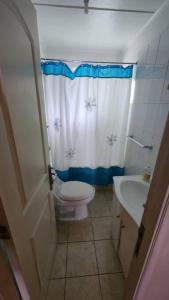 La salle de bains est pourvue de toilettes blanches et d'un lavabo. dans l'établissement Cabaña familiar, à Cochrane