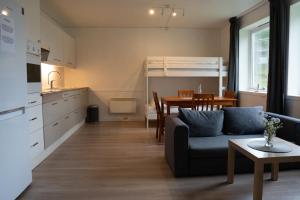 a living room and kitchen with a couch and a table at Vollvaagen Apartments Smøla, boat included in Smøla