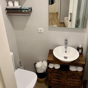 ein Badezimmer mit einem Waschbecken, einem WC und einem Spiegel in der Unterkunft Bonito apartamento en el centro de Pontedeume. in Puentedeume