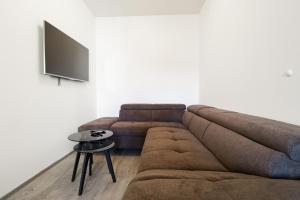 a living room with a brown couch and a tv at Apartments / 10 min from center / O2 ARENA in Prague