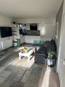a living room with a couch and a table at Vakantiewoning Dinkelhofje met gratis linnen in Denekamp