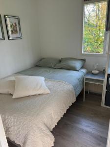 two beds in a room with a window at Vakantiewoning Dinkelhofje met gratis linnen in Denekamp