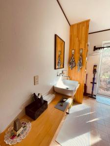 W łazience znajduje się umywalka i lustro. w obiekcie HIROSAKI清水森はうす w mieście Hirosaki