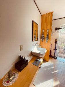 a bathroom with a sink and a mirror at HIROSAKI清水森はうす in Hirosaki