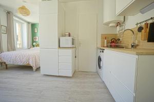 uma cozinha com um lavatório e um micro-ondas em Le jardin du Champé em Metz