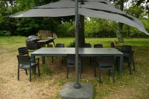 a table and chairs under an umbrella in a yard at EN PASSENT PAR LA LORRAINE 