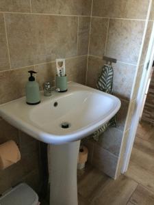 a white sink in a bathroom with a toilet at Casa Azul Mountain Retreat in Vega de San Mateo