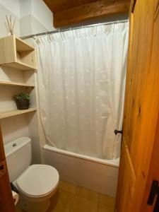 a bathroom with a toilet and a shower curtain at Duplex Sky, muy cerca estación ski, Bonito y acogedor in Pla de l'Ermita