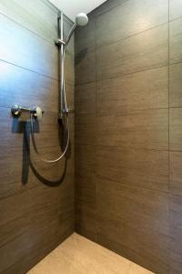 a shower in a bathroom with a wooden wall at Alpenchalet Sachrang in Sachrang