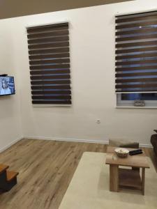 uma sala de estar com duas janelas e uma mesa de centro em Apartman Herceg em Mostar
