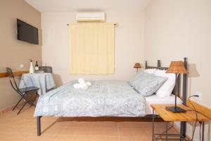 1 dormitorio con 1 cama, TV y mesa en Gan Hakramim Country Lodging, en Kramim