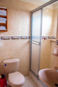 a bathroom with a toilet and a shower and a sink at Hotel Camino Nacional Salento in Salento