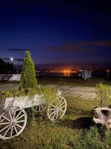 a wagon with plants on it sitting in the grass at Хотел Тримата мускетари in Varna City