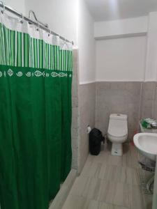 baño con cortina de ducha verde y aseo en Departamento 101 La Santisima, en Ciudad de México