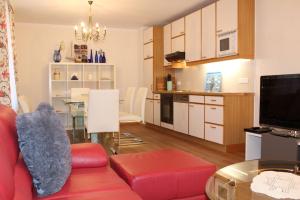 ein Wohnzimmer mit einem roten Sofa und einer Küche in der Unterkunft FEWO Gabi Haus Pacher in Sankt Peter am Kammersberg