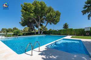 una piscina en un patio con un árbol en Apartamentos Arcos II Casa Azahar, en Alcossebre