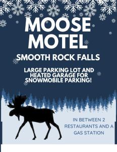 a flyer for a moose motel with a picture of a moose running at Moose Motel in Smooth Rock Falls