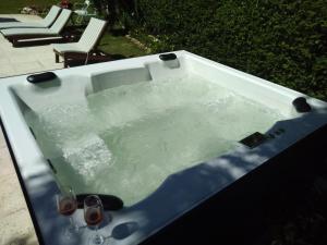 a pool of water with two glasses of wine at Casa Simona Villa General Belgrano in Villa General Belgrano