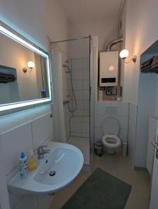 uma casa de banho com um lavatório, um WC e uma janela. em Schönes Apartment Mitten in der Stadt III em Koblenz