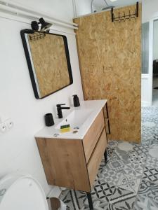 a bathroom with a sink and a mirror at Chaleureuse maison de ville à côté de la mairie ronde in Ambert +10 photos