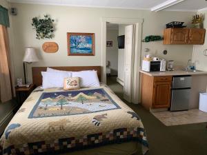 ein Schlafzimmer mit einem Bett und einer Küche darin in der Unterkunft carrollmotel and cottages in Twin Mountain