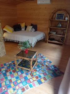 Habitación con cama con mesa y alfombra. en Chalet en colline, en Cornillon-Confoux