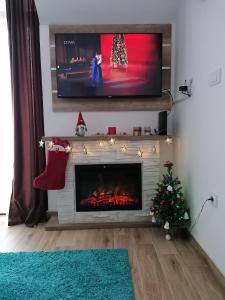 sala de estar con chimenea, TV y árbol de Navidad en Magic View E16 Kopaonik, en Kopaonik 43 fotos más