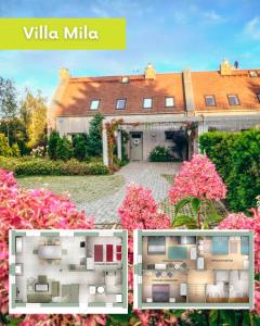 a collage of photos of a house with pink flowers at Villa Mila in Mikołajki