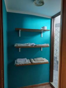 baño con pared azul con estanterías y espejo en La casa del dog trekking, en Piglio