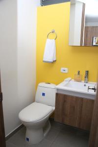 a bathroom with a white toilet and a sink at Ulivin Apartaestudios Manizales in Manizales