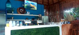 a counter in a room with a kitchen with blue walls at Azul 36 Hotel in Bacalar