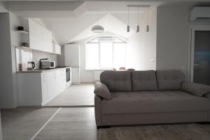 a living room with a couch and a kitchen at Bright and cozy apartment nr. 5 in Chişinău