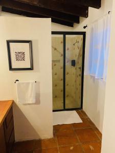 um chuveiro com uma porta de vidro na casa de banho em Villa Tatala hotel boutique em Tepoztlán