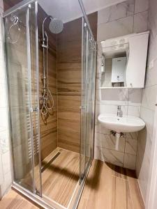 y baño con ducha y lavamanos. en Apartman Maksim Ravna Planina, en Pale