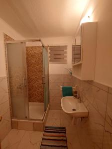 een badkamer met een douche en een wastafel bij Guesthouse Kusić in Kupres +12 foto's