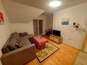 een woonkamer met een bank en een televisie bij Guesthouse Kusić in Kupres
