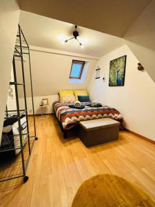 ein Schlafzimmer mit einem Bett und einer Leiter in einem Zimmer in der Unterkunft Duplex charmant au coeur de Levroux in Levroux