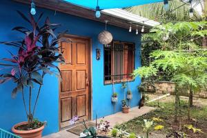 una casa azul con una puerta de madera y plantas en Casita Olivia en Sámara