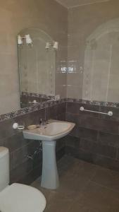een badkamer met een wastafel, een spiegel en een toilet bij Cueva Maite in Cortes de Baza
