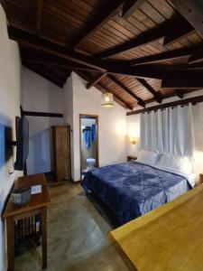ペトロポリスにあるPouso Araris - Araras, Vale das Videirasのベッドルーム(ベッド1台、テーブル、テレビ付)