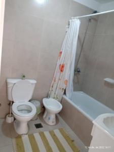 y baño con aseo, bañera y lavamanos. en Casa Tandil en Tandil