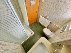 a small bathroom with a toilet and a shower at Lech Hostel in Lech am Arlberg