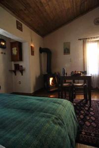 a bedroom with a bed and a wood stove at Chateaux Constantin Agistro in Angistron
