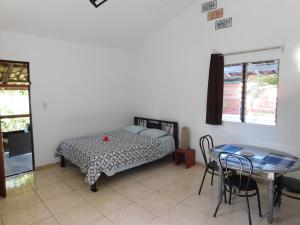 1 dormitorio con 1 cama, mesa y sillas en Villasjungle 1, en Sámara