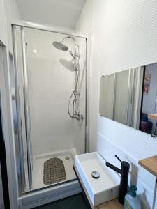a bathroom with a shower and a white sink at Studio - Cosy Kaza in Angers