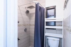 a shower with a blue shower curtain in a bathroom at 428-2W Newly Furnished Prime Location 2BR Sleeps 5 in New York