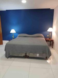 1 dormitorio con 1 cama con pared azul en Amplia Casa cerca de Aristdes con Patio y Parilla en Mendoza