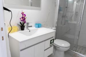 a bathroom with a sink and a toilet and a shower at Almada Downtown 101 in Porto